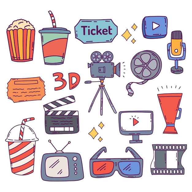 Cinema doodles set icon of hand drawn vector illustration