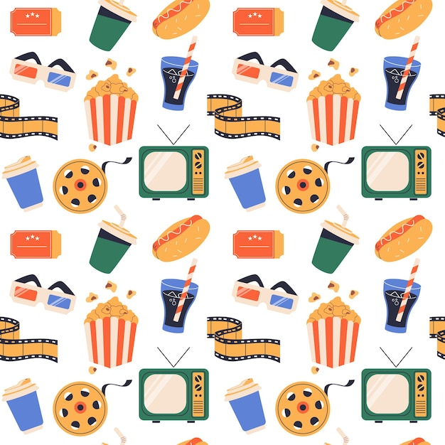 Cinema entertainment naadloos patroon Film strip popcorn dranken glazen filmkaart TV scree