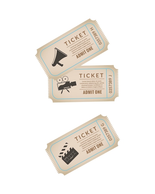Вектор Кинопроизводство реалистичная прозрачная композиция с изолированными изображениями векторной иллюстрации билетов в винтажном стиле