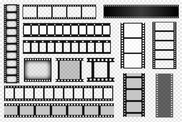 Vector cinema film strips, old movie reel frame, filmstrip roll. vintage photo or video camera tape template, blank negative films strips vector set