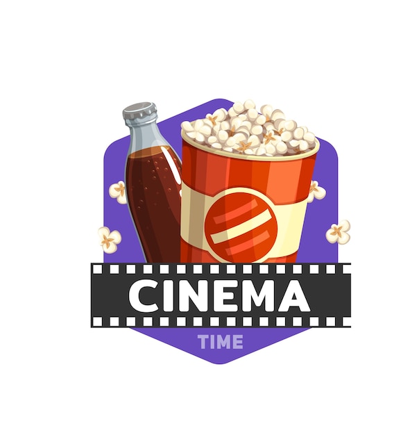 Icona del cibo del cinema con film, popcorn e bevande, vettore. cinema teatro o cinema fast food bistrot o snack bar segno con secchio popcorn e bottiglia di bibita gassata