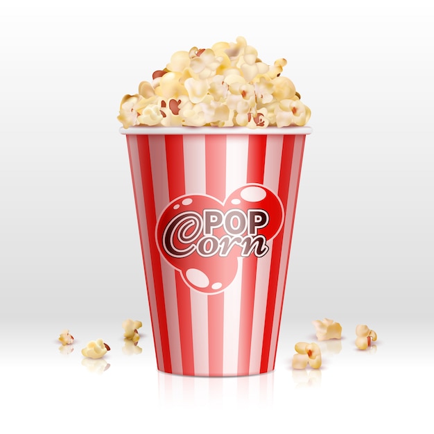 Cinema food popcorn in disposable bowl realistic vector illustration. popcorn box, snack food in container for cinema