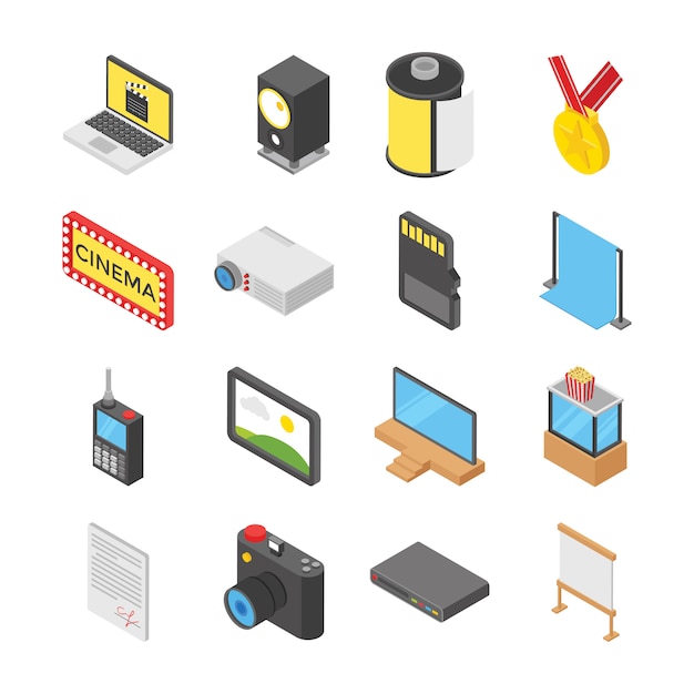 Vector cinema hall and movie making icons pack