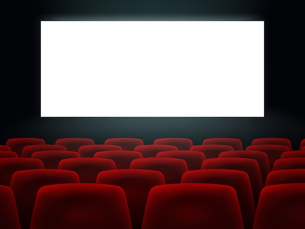 Vector cinema hall with white blank screen  and seats