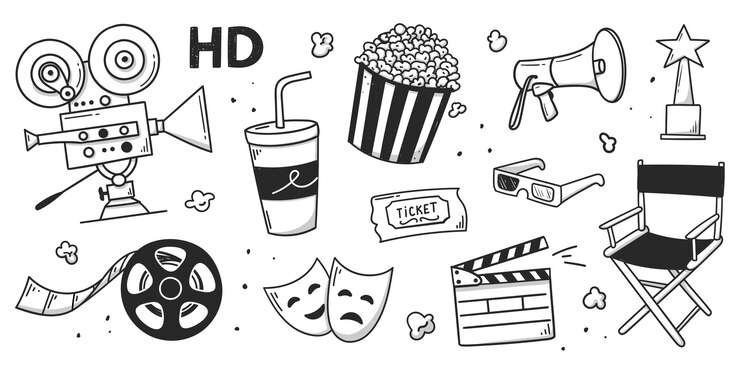 Cinema Hand drawn doodle of movie camera clapperboard movie reel and cassette popcorn in striped box movie ticket and 3D glasses director39s chair loudspeaker drink with straw masks