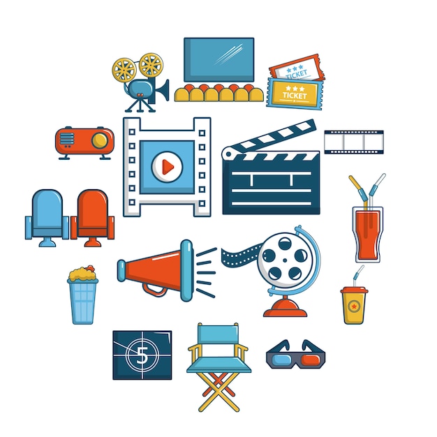 Cinema icon set symbols, cartoon style