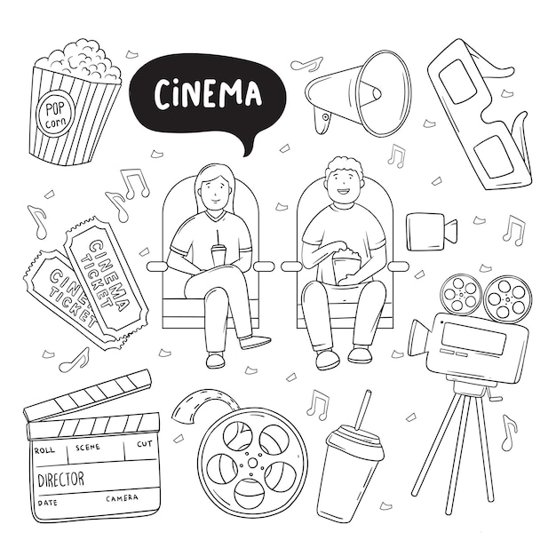 Vector cinema icon set with hand drawing illustration