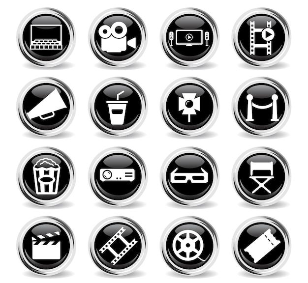 Cinema  icons on round black buttons with metal ring