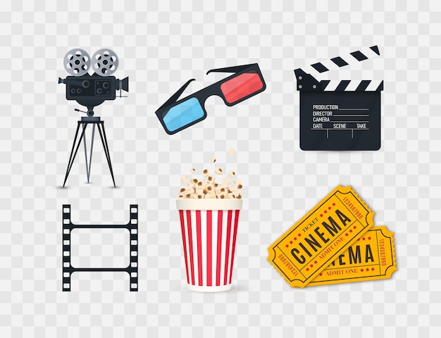Vettore set di icone del cinema isolato su sfondo bianco industria cinematografica oggetti biglietti popcorn film strip
