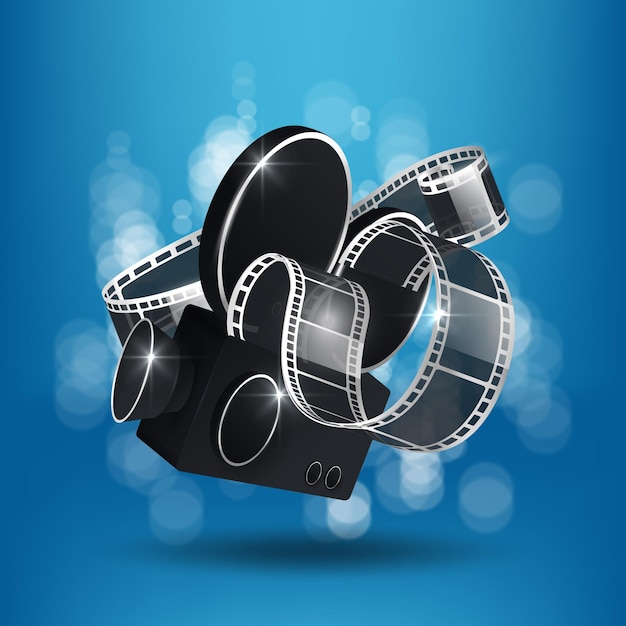 cinema illustration with 3d realistic tape, tickets and videocamera