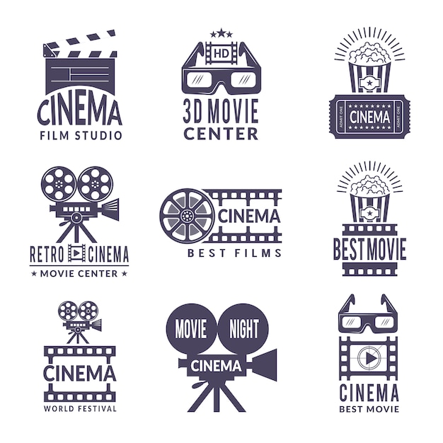 Cinema labels set. badges with black pictures at cinema and video production industry