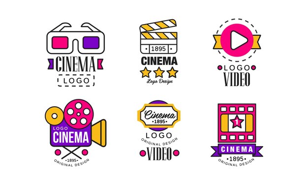 Cinema Logo Design Collection Bright Original Retro Cinematography Badges Vector Illustration