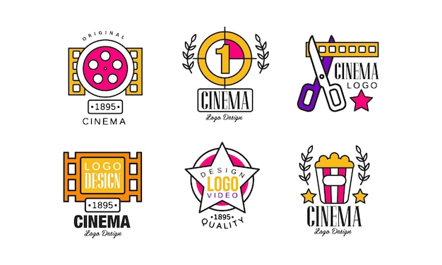 Коллекция шаблонов дизайна логотипа кино Bright Original Vintage Cinematography Badges Векторная иллюстрация