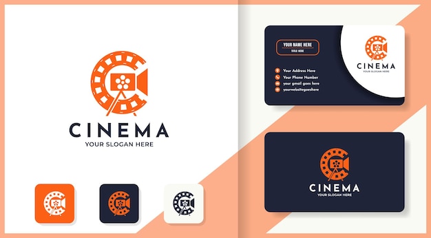 Vettore logo del cinema con la forma della fotocamera e della pellicola in rotolo e il design del biglietto da visita