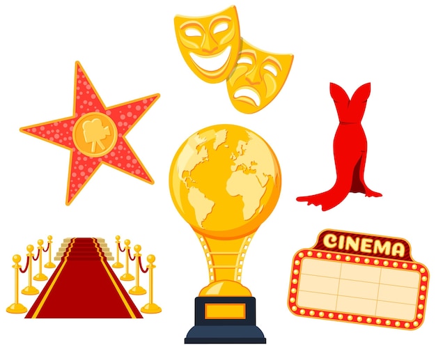 Premio del cinema e del cinema concetto con icone piatte trofeo tappeto rosso maschere teatrali stella isolata