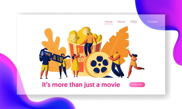 Vector cinema movie character with popcorn and drink landing page. young people in 3d glasses. girl carry ticket on premiere. element of film industry website or web page. flat cartoon vector illustration