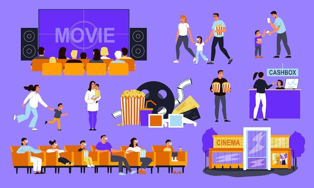 Vector cinema movie color set with isolated icons of watchers with screen loudspeakers and cashbox with facade vector illustration