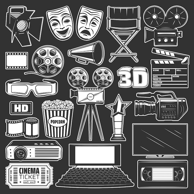 Cinema, movie and film reel, popcorn, 3d glasses