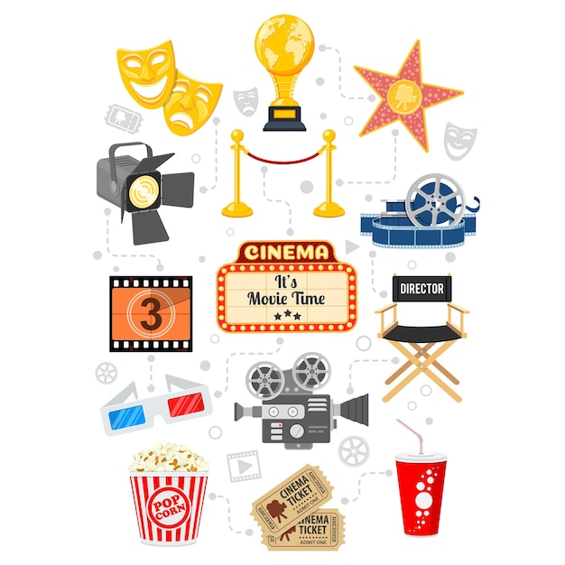 Cinema and Movie infographics with Flat Icons Set popcorn, award, 3D glasses, tickets. Isolated vector illustration