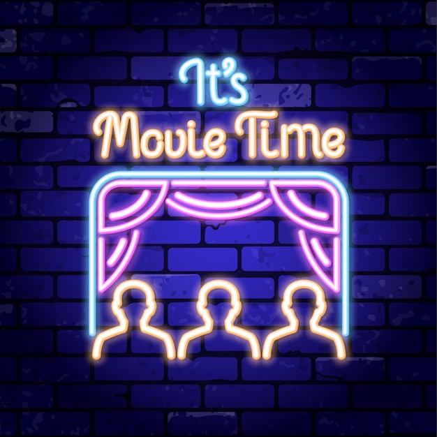 Cinema and movie neon sign board on brick wall