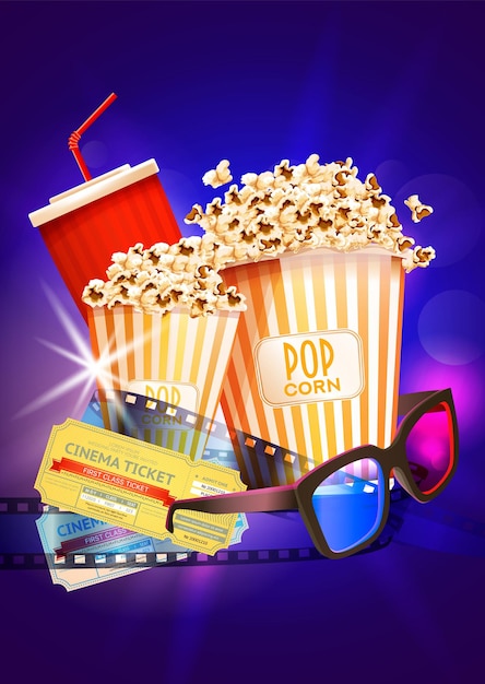 Vector cinema movie poster with popcorn, soda, ticket, film reel, glasses