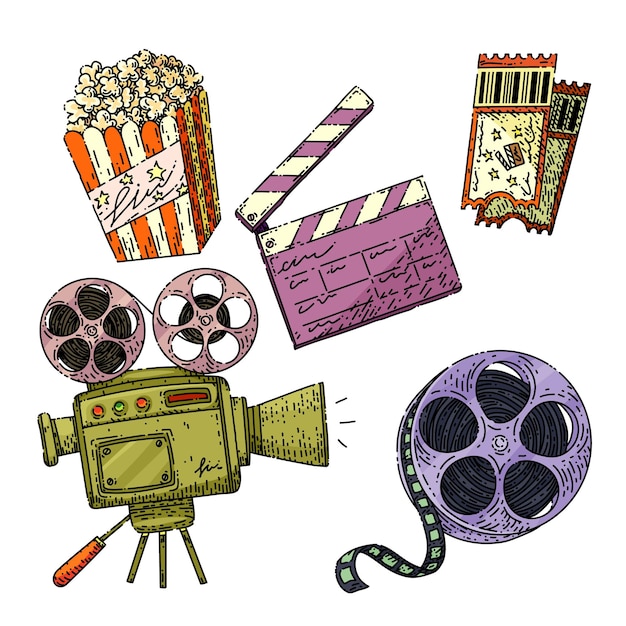 Cinema movie set sketch hand drawn vector