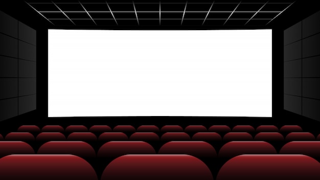 Vector cinema movie theater with blank screen and red seat