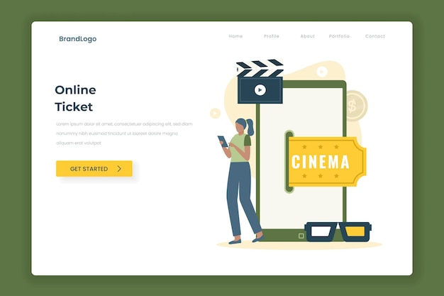 Vector cinema movie ticket online illustration landing page concept.