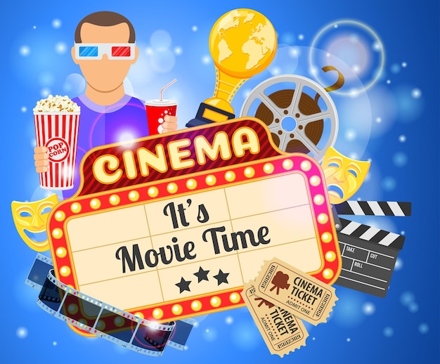 Cinema and movie time banner with flat icons transparent film, popcorn, signboard, masks, award and tickets. vector illustration