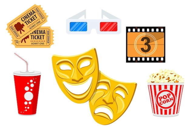 Cinema and Movie time concept with flat icons theater masks popcorn tickets 3d glasses film frame with countdown isolated vector illustration
