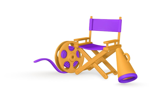 Cinema and Movie time Film reel director chair loudspeaker in plastic cartoon style Vector illustration