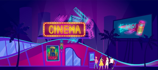 Cinema neon signboard, young people go to movie theater at night,  illustration