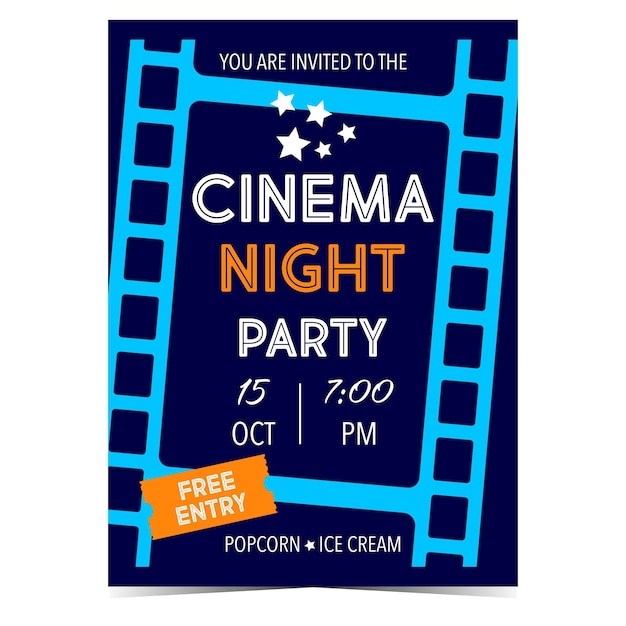 영화의 밤 파티 프로모션 배너 또는 배경에 영화 필름 스트립이 있는 초대 카드.