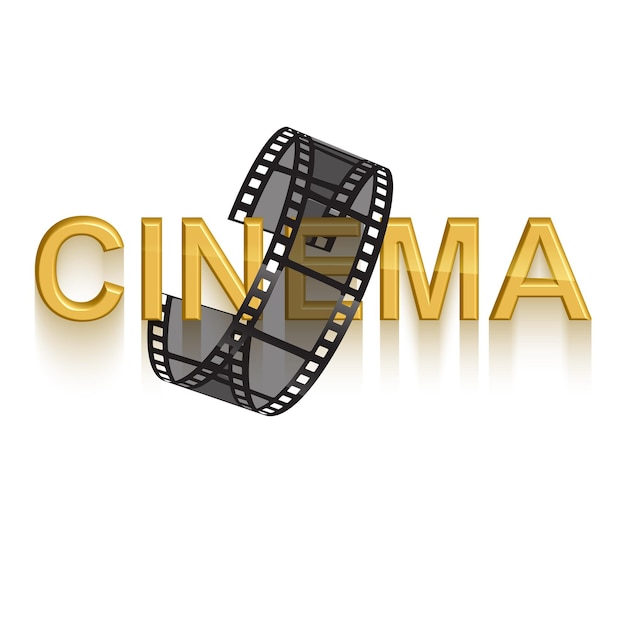 Cinema   poster design template 3d golden text of cinema decorated with filmstrip