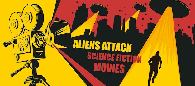 Cinema poster voor science fiction films Vector illustratie met een oude film projector en vliegen