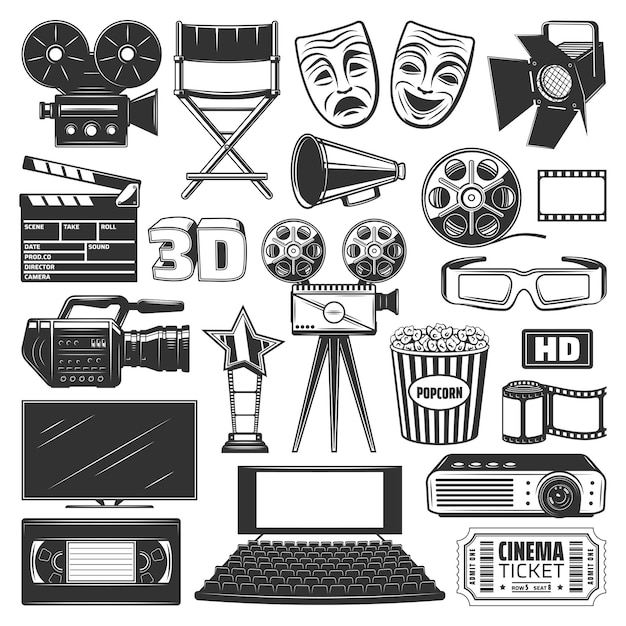 Vector cinema production watching equipment signs icons