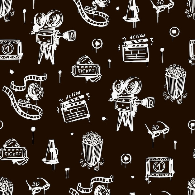 Vector cinema seamless pattern with vintage camera popcorn clapper   3d glasses black and white