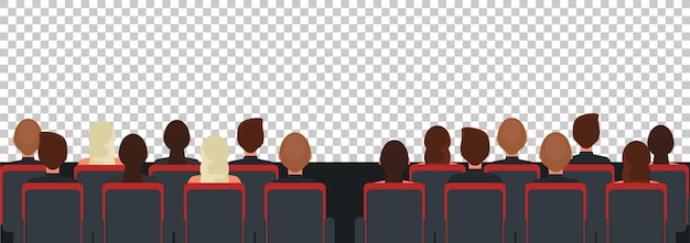 Vector cinema theater audience with man and women sitting at seats back view people watching movie play cartoon characters on transparent background