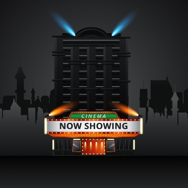 Cinema theater gebouw buitenkant. Filmingang met retro licht selectiekader banner