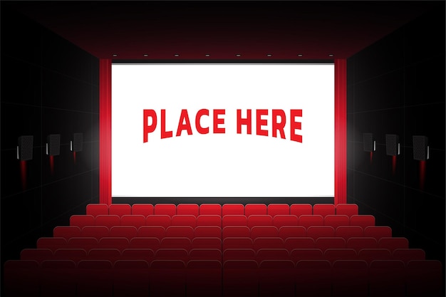 Vettore l'illustrazione grafica vettoriale della sala del cinema con nessuno e i posti vuoti possono posizionare le arti sullo schermo