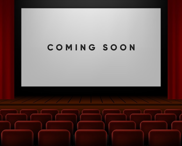 Vector cinema or theater hall with the inscription coming soon on the screen session announcement