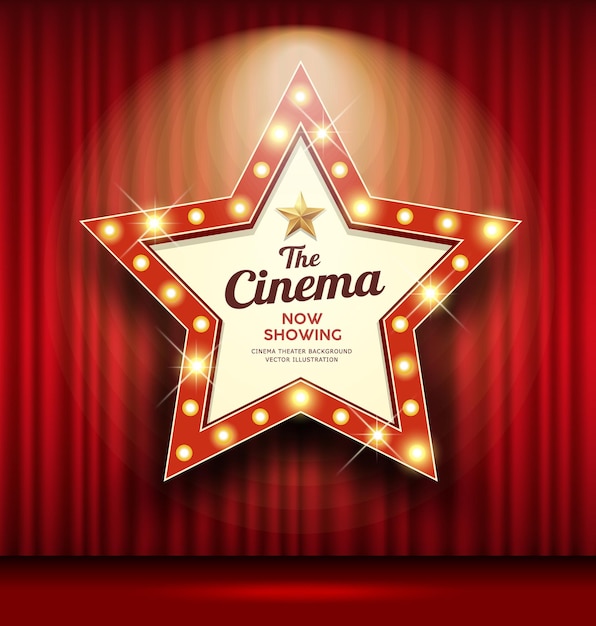 Cinema theater sign star shape red curtain light up banner design background,  illustration