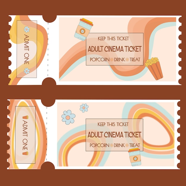 Cinema tickets groovy retro style on color hippie background with flowers coffee cup and popcorn