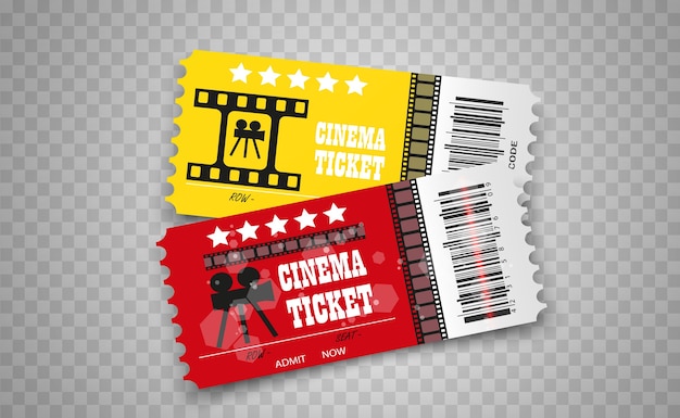 Vettore biglietti del cinema isolati su sfondo trasparente. biglietto d'ingresso al cinema realistico.