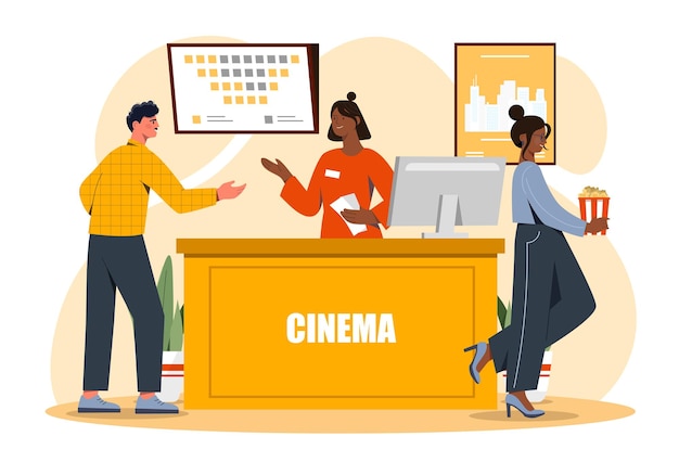 Vector cinema tickets seller concept man buy tickets to watch movie or film cultural rest and leisure