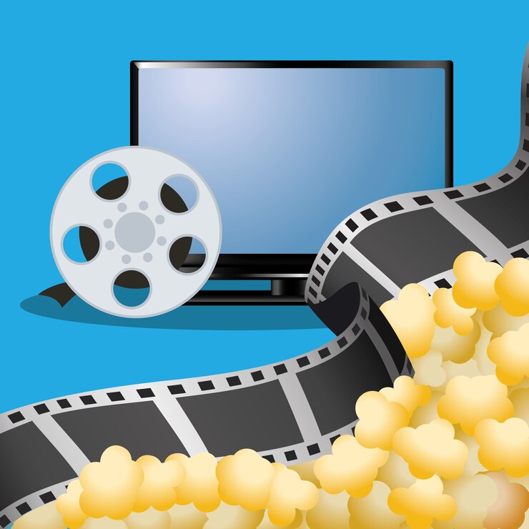 वेक्टर cinema tv film reel with pop corn poster
