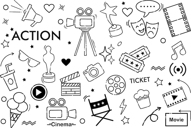 Веб-иконы кинотеатров в линейном стиле Фильм попкорн видео кинотеатр коллекция