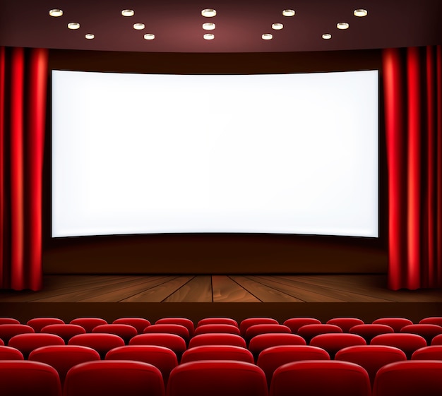 Vector cinema with white screen, curtain and seats.