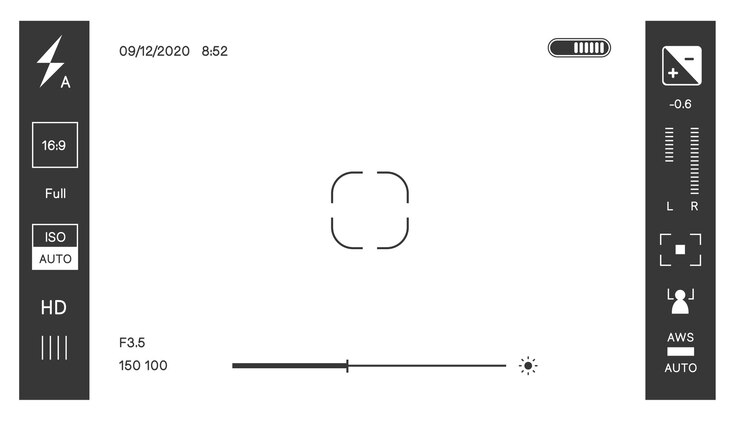 Vector cinematography and photography hobby, screen with options and adjustments for taking shots. camcorder and snapshots