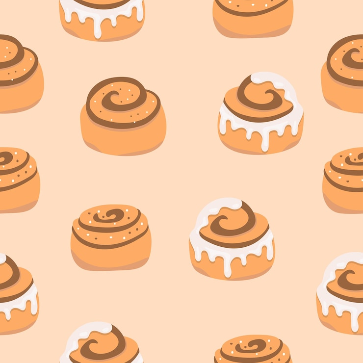 Cinnamon bun seamless pattern Sweet roll with sugar glaze and chocolate on beige background